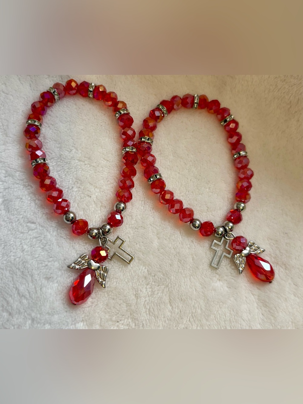 Red Crystal Cross & Angel Charm Stretch Bracelet - Unbranded